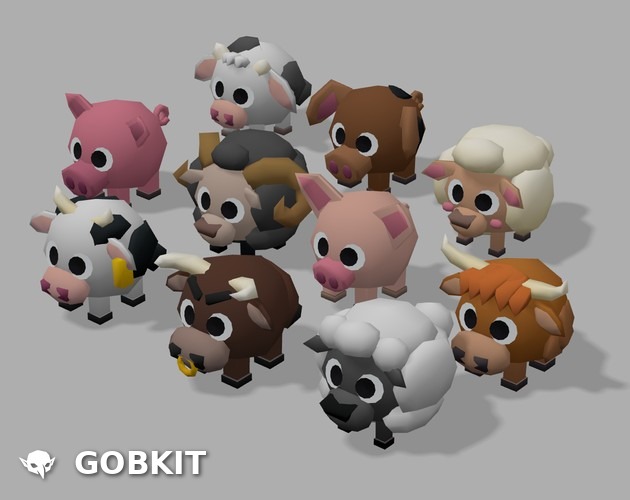 Gobkit Free Animal Pack Vol.3 — BlackSheep, Bull, Calf, HighlandCow, HolsteinCow, Lamb, Pig, Piglet, Sheep and SpottedPig